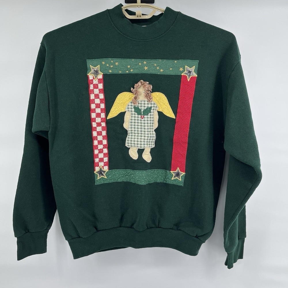 Vintage Holiday Christmas Angel Sweatshirt Large Crew Sweater 90's Embroidered